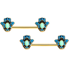Load image into Gallery viewer, 14G 9/16 Gold Tone Aqua Ornate Hamsa Hand Barbell Nipple Ring Set
