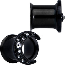 将图片加载到图库查看器，Clear Gem Black Crescent Moon Double Flare Tunnel Plug Set
