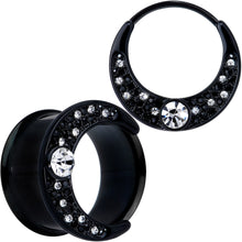 将图片加载到图库查看器，Clear Gem Black Crescent Moon Double Flare Tunnel Plug Set
