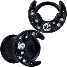 将图片加载到图库查看器，Clear Gem Black Crescent Moon Double Flare Tunnel Plug Set
