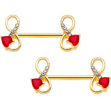 Load image into Gallery viewer, 14G 9/16 Clear Red Gem Gold Tone Treble Clef Barbell Nipple Ring Set
