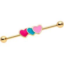 Load image into Gallery viewer, 14G Gold Tone Triple Heart Industrial Barbell 38mm

