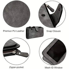Load image into Gallery viewer, Vintage Faux Leather Long Wallet – Trifold Credit Card Holder with Snap &amp; Zipper
