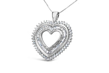 Load image into Gallery viewer, .925 Sterling Silver 1.0 Cttw Baguette and Round Diamond  Heart Pendant 18" Necklace (H-I Color, I3 Clarity)

