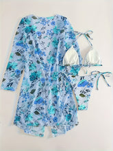 Load image into Gallery viewer, Bikini European Style Floral Print 3 Piece Swimsuit Set for Women – Sexy V Neck Bikini with Cross Strap Detail and Matching Long Sleeve Cover-Up – High Stretch Trendy Swimwear for Summer Beach Vacations Resort Looks and Poolside Fashion
