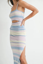 Load image into Gallery viewer, Multi Color Striped Front Cutout Knit Midi Dress For Women – Vibrant Striped Bodycon Dress, Cutout Knit Dress, Stylish Summer Midi Dress, Trendy Statement Dress
