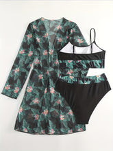 Load image into Gallery viewer, Bikini 3 Piece Tropical Print Swimsuit Set – High Stretch Comfortable Women's Bikini with Crew Neck Mesh Cover-Up – Chic Vacation Beachwear for Summer Casual Style &amp; Poolside Glamour
