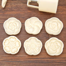 将图片加载到图库查看器，6pcs/set Flower Shaped Mooncake Mold Cake Mold Hand Pressure Fondant Moon Cake Decorating Tools Cookie Cutter Baking Tool Moon Cake Mold With 6 Stamps Flowers Design Hand Pressure Fondant Decoration Cookie Cutter

