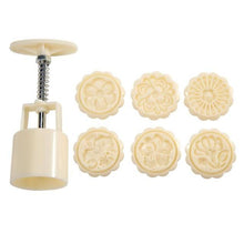 将图片加载到图库查看器，6pcs/set Flower Shaped Mooncake Mold Cake Mold Hand Pressure Fondant Moon Cake Decorating Tools Cookie Cutter Baking Tool Moon Cake Mold With 6 Stamps Flowers Design Hand Pressure Fondant Decoration Cookie Cutter
