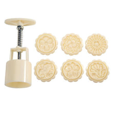 将图片加载到图库查看器，6pcs/set Flower Shaped Mooncake Mold Cake Mold Hand Pressure Fondant Moon Cake Decorating Tools Cookie Cutter Baking Tool Moon Cake Mold With 6 Stamps Flowers Design Hand Pressure Fondant Decoration Cookie Cutter
