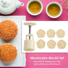 将图片加载到图库查看器，6pcs/set Flower Shaped Mooncake Mold Cake Mold Hand Pressure Fondant Moon Cake Decorating Tools Cookie Cutter Baking Tool Moon Cake Mold With 6 Stamps Flowers Design Hand Pressure Fondant Decoration Cookie Cutter
