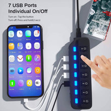 Load image into Gallery viewer, 7 Port USB Data Hub 3.0 with Individual On/Off Switches and Lights
