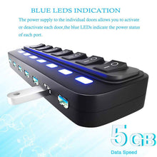 Load image into Gallery viewer, 7 Port USB Data Hub 3.0 with Individual On/Off Switches and Lights
