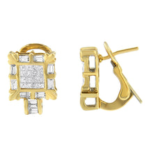 Load image into Gallery viewer, 14K Yellow Gold 7/8 Cttw Princess and Baguette-Cut Diamond Square Framed Huggie Hoop Omega Earrings (H-I Color, SI1-SI2 Clarity)

