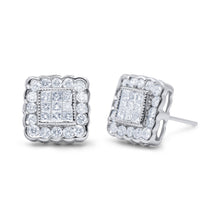 Load image into Gallery viewer, 14K White Gold 1.0 Cttw Round Brilliant &amp; Princess Cut Diamond Scallop-Edge Framed Square Halo Stud Earrings (G-H Color, SI1-SI2 Clarity)
