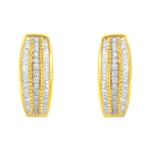 将图片加载到图库查看器，10K Yellow Gold 3/4 Cttw Pave and Channel Set Diamond Triple Row Modern Hoop Earrings (I-J Color, I2-I3 Clarity)
