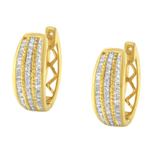 将图片加载到图库查看器，10K Yellow Gold 3/4 Cttw Pave and Channel Set Diamond Triple Row Modern Hoop Earrings (I-J Color, I2-I3 Clarity)
