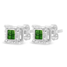 Load image into Gallery viewer, Sterling Silver Color Treated Princess Diamond Quad Stud Earring (1/2 cttw, Green Color, I1-I2 Clarity)
