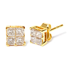 Load image into Gallery viewer, 10K Yellow Gold 3/4 Cttw Invisible Set Princess-Cut Diamond Composite Square Stud Earrings (I-J Color, I2-I3 Clarity)
