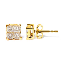 Load image into Gallery viewer, 10K Yellow Gold 3/4 Cttw Invisible Set Princess-Cut Diamond Composite Square Stud Earrings (I-J Color, I2-I3 Clarity)
