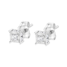 Load image into Gallery viewer, .925 Sterling Silver 1/4 Cttw Miracle Set Princess-Cut Diamond Solitaire Stud Earrings with Hidden Halo (I-J Color, SI2-I1 Clarity)

