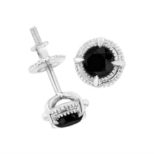 Load image into Gallery viewer, .925 Sterling Silver 1 cttw Treated Black Diamond Modern 4-Prong Solitaire Milgrain Stud Earrings (Black Color, I1-I2 Clarity)
