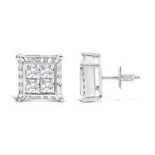 Load image into Gallery viewer, 14K White Gold 2.00 Cttw Invisible Set Princess-Cut Lab Grown Diamond Wavy Quad Stud Earrings
