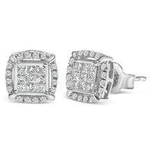 Load image into Gallery viewer, Sterling Silver 1/2 Cttw Princess Cut Diamond Composite and Halo Stud Earrings
