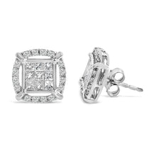 Load image into Gallery viewer, Sterling Silver 1 Cttw Princess Cut Diamond Square Halo Stud Earrings
