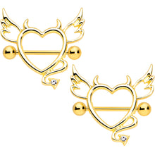 Load image into Gallery viewer, 14G 9/16 Clear Gem Gold Tone Devil Heart Nipple Shield Set
