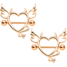 将图片加载到图库查看器，14G 9/16 Clear Gem Rose Gold Tone Devil Heart Nipple Shield Set
