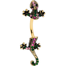 将图片加载到图库查看器，Pink Green Gem Gold Tone Lizard Double Mount Belly Ring
