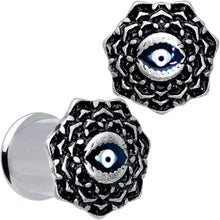 Load image into Gallery viewer, Blue White Evil Eye Mandala Double Flare Plug Set
