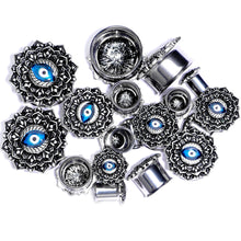 Load image into Gallery viewer, Blue White Evil Eye Mandala Double Flare Plug Set
