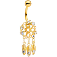 Load image into Gallery viewer, Aurora Gem Gold Tone Dreamcatcher Feather Dangle Belly Ring
