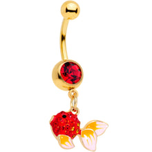 Load image into Gallery viewer, Red Gem Gold Tone Blowfish Dangle Belly Ring
