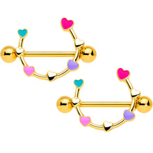 Load image into Gallery viewer, 14G 9/16 Gold Tone Little Rainbow Hearts Nipple Shield Set

