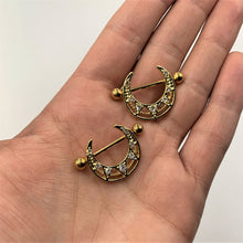 Load image into Gallery viewer, 14G 5/8 Clear Gem Gold Tone Open Crescent Nipple Shield Set

