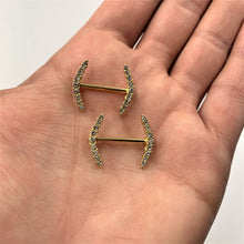 Load image into Gallery viewer, 14G 9/16 Clear Gem Gold Tone Simple Curve Barbell Nipple Ring Set
