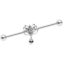 Load image into Gallery viewer, 14G Clear Gem Lotus Flower Heart Dangle Industrial Barbell 38mm
