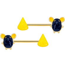Load image into Gallery viewer, 14G 9/16 Gold Tone Black Mouse Cheese Barbell Nipple Ring Set
