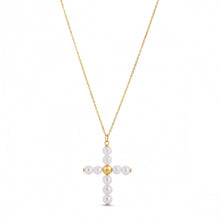将图片加载到图库查看器，14k Yellow Gold Pearl Cross Pendant
