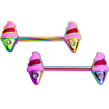 Load image into Gallery viewer, 14G 9/16 Clear Gem Rainbow Ice Cream Cone Barbell Nipple Ring Set
