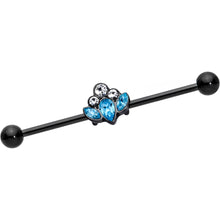 Load image into Gallery viewer, 14G Clear Aqua Gem Black Anodized Classic Cluster Industrial Barbell 38mm
