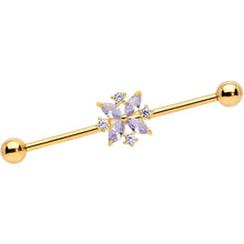 Load image into Gallery viewer, 14G Purple CZ Gem Gold Tone Star Burst Industrial Barbell 38mm
