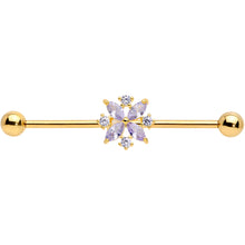 Load image into Gallery viewer, 14G Purple CZ Gem Gold Tone Star Burst Industrial Barbell 38mm
