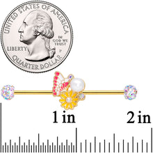 将图片加载到图库查看器，14G Aurora Gem Gold Tone Butterfly Flower Industrial Barbell 38mm
