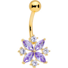Load image into Gallery viewer, Purple Clear CZ Gem Gold Tone Star Burst Belly Ring
