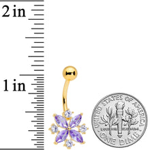 Load image into Gallery viewer, Purple Clear CZ Gem Gold Tone Star Burst Belly Ring
