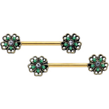 Load image into Gallery viewer, 14G 9/16 Gold Tone Green Flower St Patricks Day Nipple Ring Set
